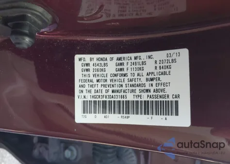 2013 Honda Accord Ex-L V-6 from USA, damaged, VIN 1HGCR3F83DA031665
